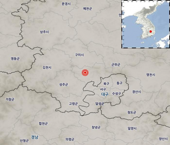 경북 칠곡군 북쪽 4km 지역 지진 발생 위치. 사진=기상청 홈페이지