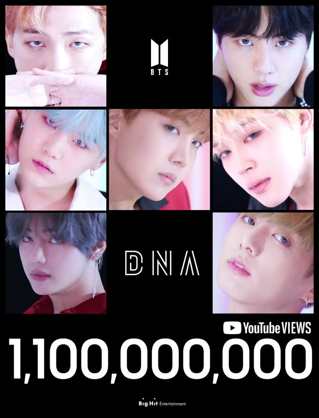 방탄소년단 ‘DNA’ 뮤직비디오, 유튜브 조회수 11억 뷰 돌파. 사진=빅히트