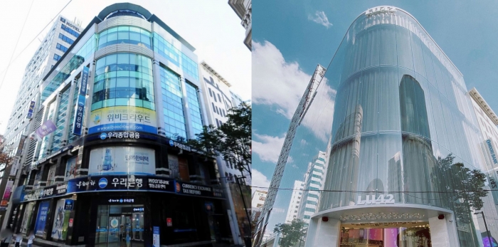 서울 명동 우리은행 명동금융센터 전경. 리모델링 이전(왼쪽)에는 1층에 은행이 있었지만 리모델링 이후(오른쪽)에는 은행 자리에 편집숍이 들어섰다. 사진=다음 로드뷰·Lu42
