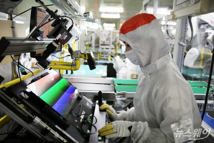삼성디스플레이 동관(중국) 공장에서 한 직원이 고객사에 공급할 노트북용 OLED 제품의 품질 검사를 하고 있는 모습. 사진=삼성디스플레이 제공