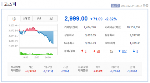 코스피, 외인·기관 매도에 2%대 하락···장중 3000선 깨져