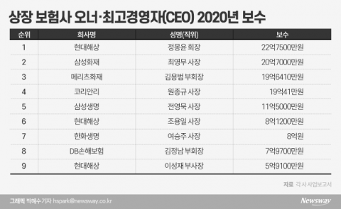 보험사 오너·CEO 보수 1위 현대해상 정몽윤 22억7500만원