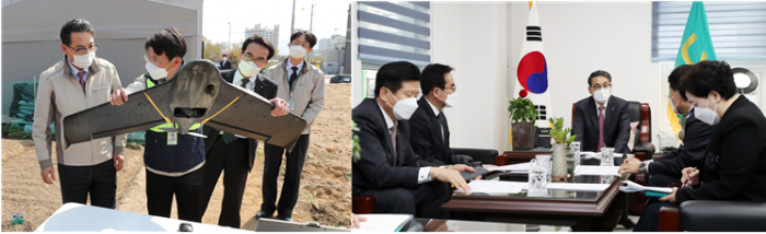 (왼쪽)LX 김정렬 사장이 15일 경기도 양평군 국토이용현황조사 현장을 방문해 설명을 듣고 있다. (오른쪽)LX 김정렬 사장이 15일 LX남양주구리지사를 방문해 현안 해결을 위한 업무보고를 받고 있다.