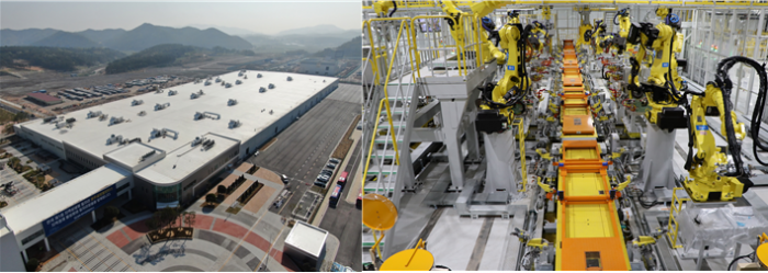 광주글로벌모터스 전경(왼쪽), 공장 내 로봇(오른쪽)