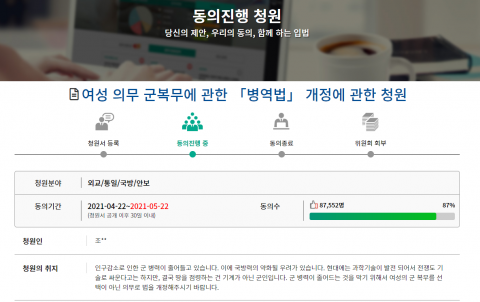 국회 ‘여성징병’ 청원 87% 채워···상임위 회부 가능성