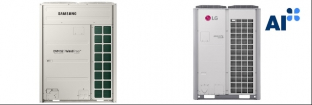 삼성전자 대형 시스템에어컨 실외기 신제품 ‘DVM(Digital Variable Multi) S2’(왼쪽)와 LG전자 시스템에어컨 대표제품 ‘멀티브이(MULTI V)’ 실외기. 사진=각 사
