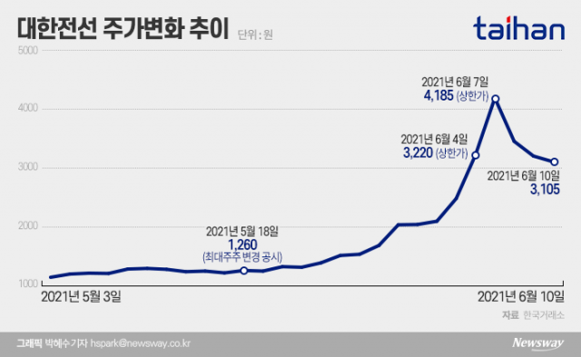 PER 220배 대한전선 급등락..호반發 호재 약발 다했나