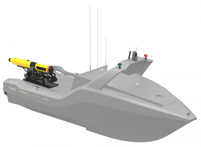 SAS AUV가 무인수상정(USV)에 탑재되어 있다. 사진=한화시스템 제공