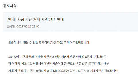 코인빗, 한밤중 가상자산 절반 상장폐지·유의종목 지정···총 36개