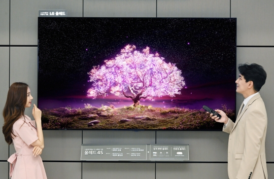 LG전자는 세계 최초로 83형 ‘LG 올레드 TV’를 출시한다. 모델들이 매장에 전시된 제품을 소개하고 있다. 사진=LG전자
