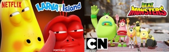 (왼쪽부터) 골드프레임이 총괄 제작한 넷플릭스 ‘라바 아일랜드’, 카툰네트워크 ‘비트몬스터’. 사진=위지윅스튜디오 제공