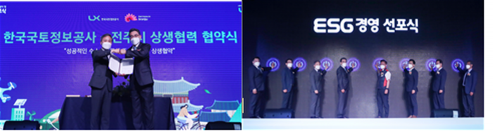 (왼쪽)김승수 전주시장(왼쪽)과 LX공사 김정렬 사장(오른쪽)이 창사 44주년을 기념한 ESG 경영 선포식에서 성공적인 수소시범도시 조성을 위한 상생 협력을 위한 MOU를 체결했다. (오른쪽)(왼쪽부터) LX파트너스 강성옥 대표이사, 성기청 상임감사, 김승수 전주시장, 김정렬 사장, 정광희 노동조합 위원장, 남영우 국토교통부 국토정보정책관, 박지현 한국전기안전공사 사장, 김정범 비상임이사가 LX공사의 ESG 경영을 선포하고 있다.