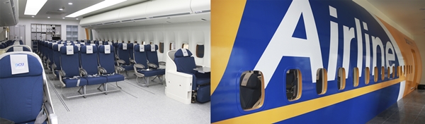 대구가톨릭대 취‧창업관 1층에 설치된 글로벌항공서비스학과 항공모형실습실 내부와 외부 모습.(사진제공=대구가톨릭대)