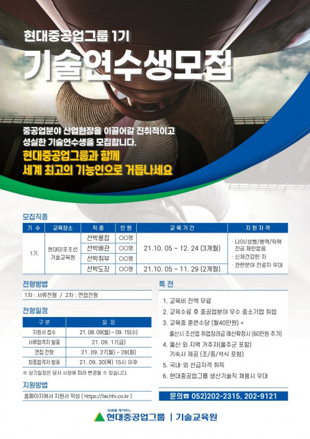 현대미포조선-현대중공업, 현대重그룹 ‘1기 기술교육생’ 모집