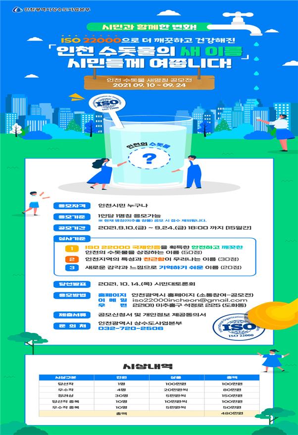인천시, ISO22000 국제인증 인천 수돗물 새 명칭 공모