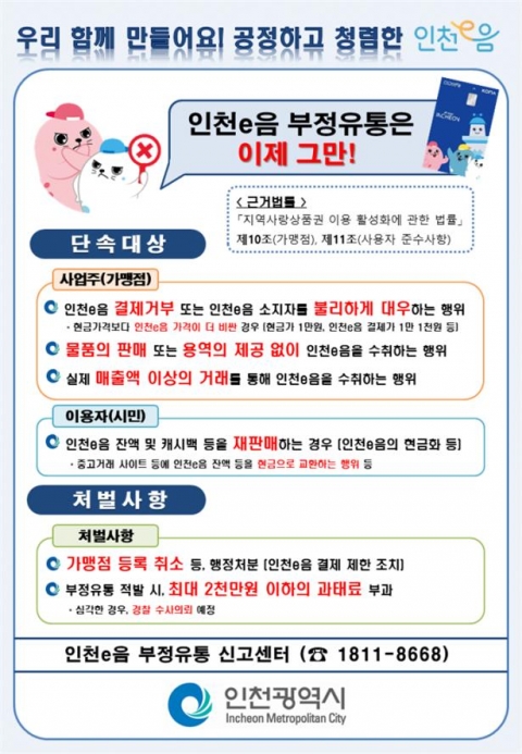 인천시, ‘인천e음’ 부정유통 뿌리 뽑는다···일제단속반 운영