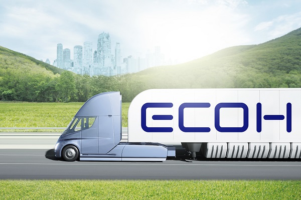현대글로비스의 친환경 에너지 솔루션 브랜드 ECOH를 적용한 수소 운반 트럭. 사진=현대글로비스 제공