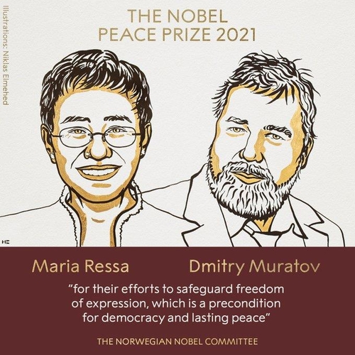 노벨평화상, 필리핀·러시아 반정부 언론인 마리아 레사·드미트리 무라토프