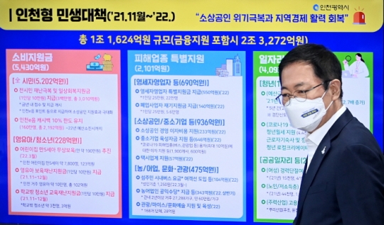 11일 박남춘 인천시장이 인천시 일상회복·민생경제 지원대책 발표를 위해 입장하고 있다.