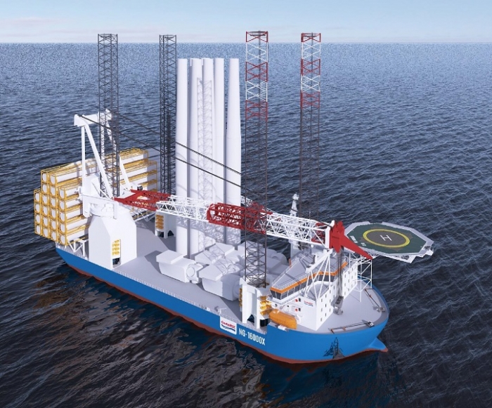 대우조선해양이 수주한 대형 해상풍력발전기 설치선 ‘NG-16000X’ 디자인 조감도. 사진=대우조선해양 제공