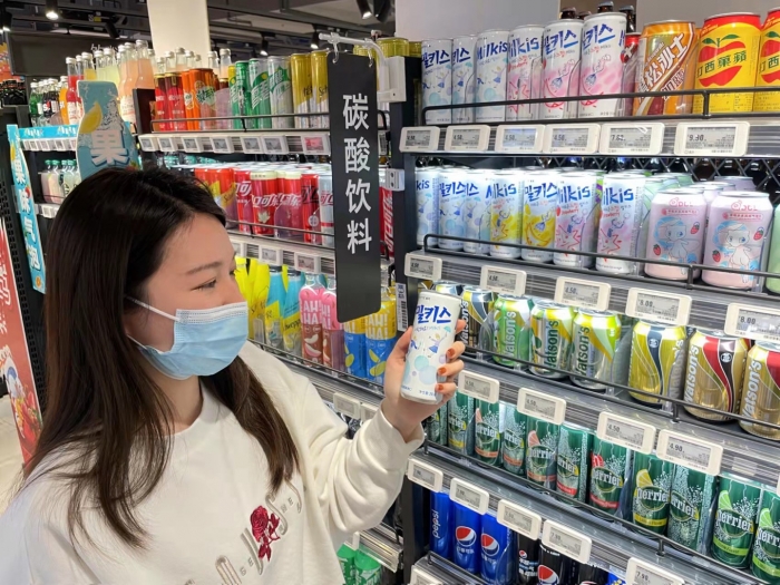 중국 상해 허마마트에서 판매되고 있는 밀키스. 사진=롯데칠성음료 제공