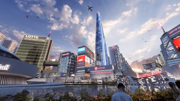 롯데정보통신과 자회사 칼리버스가 구현한 롯데의 메타버스 세계. 사진=롯데지주 제공