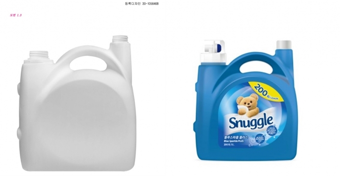 쿠팡에 섬유유연제 용기를 납품해온 다존산업이 2019년 출원한 용기 디자인(왼쪽)과 유니레버가 2021년 10월 출시한 제품 디자인.