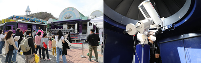 (좌)과학쇼 로봇댄스 공연을 관람하는 시민들 (우)천체망원경을 통해 태양관측을 하는 모습