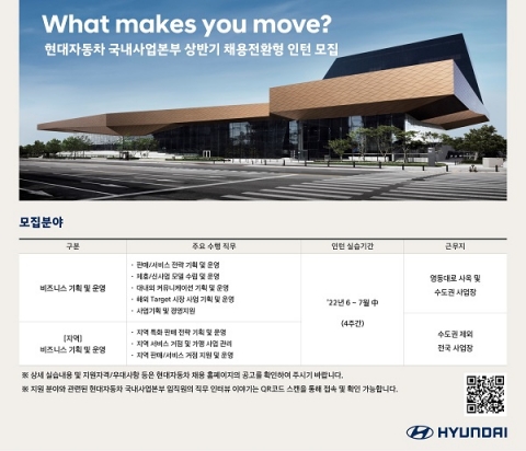 현대차 국내사업본부 상반기 '채용전환형 인턴' 모집