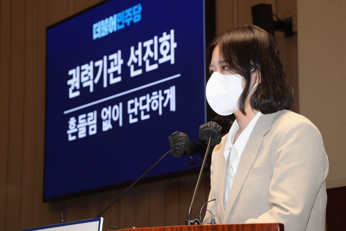 더불어민주당 박지현 공동비대위원장이 지난 12일 오후 국회에서 열린 정책의원총회에서 발언하고 있다. 사진=국회사진취재단