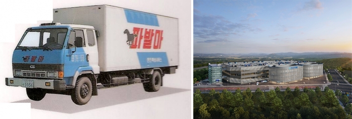 한진택배 사업초기 택배차량 이미지(좌측)과 대전 스마트 메가 허브 터미널. 사진=한진 제공