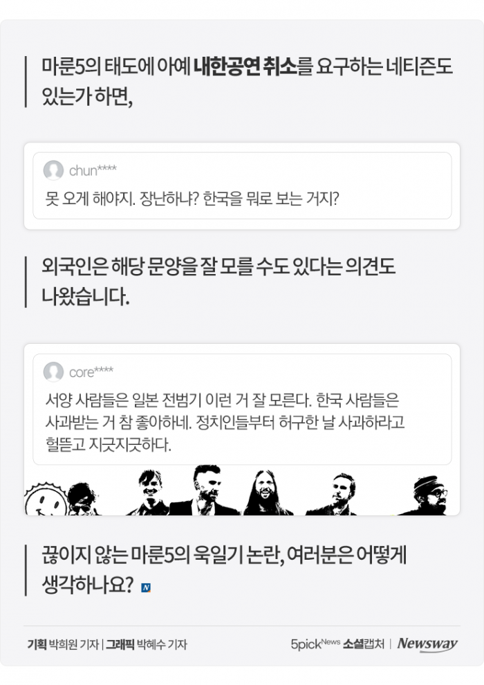 '내한 앞둔 마룬5' 욱일기 논란에 사진만 슬쩍 삭제···"일부러 저러나?" 기사의 사진