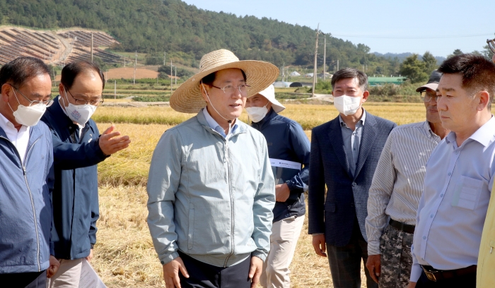 김영록 전라남도지사는 1일 벼 수확이 한창인 해남 옥천면 들녘을 찾아 올해 벼 작황과 농가 애로사항을 듣고 쌀 수급 안정화를 위한 정부의 적극적인 추진 의지를 강조하고 있다.