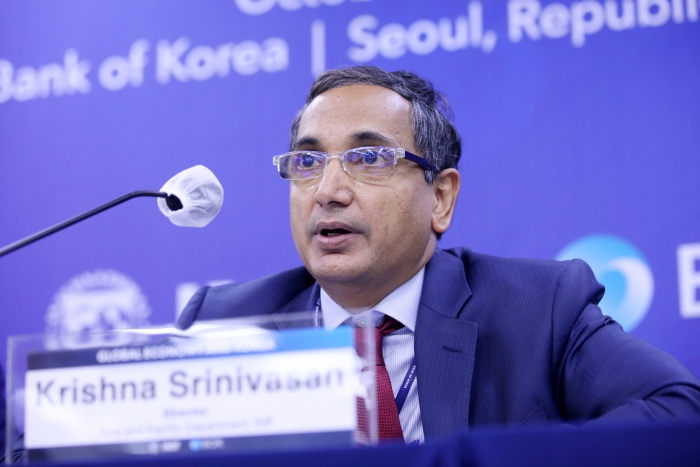 Krishna Srinivasan IMF 아태국장이 25일 서울 중구 한국은행에서 열린 기자간담회에서 발언하고 있다. 사진=한국은행 제공