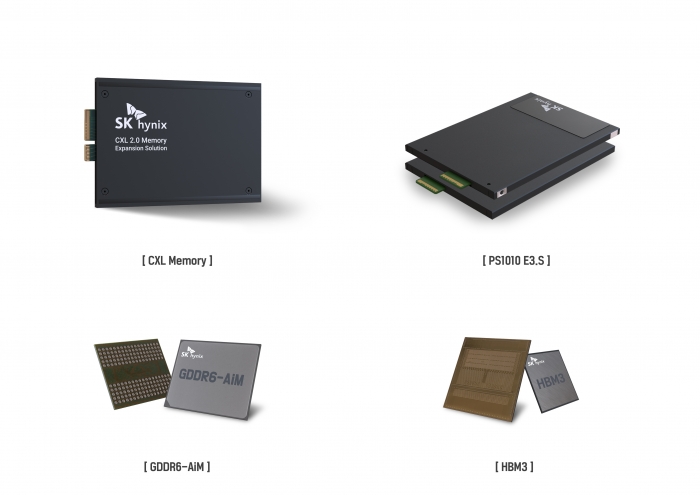 SK하이닉스가 CES 2023에서 주력 메모리 제품과 신규 라인업을 선보인다. (왼쪽 위부터 시계 방향으로) CXL Memory, PS1010 E3.S, HBM3, GDDR6-AiM. 사진=SK하이닉스 제공