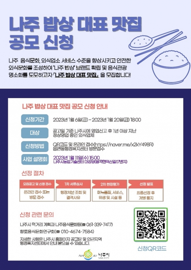 나주시, '나주밥상 대표 맛집' 공개 모집···20일까지 온·오프라인 신청