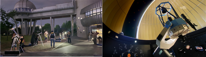 (좌)야간 천체관측을 하는 참가자들 (우)국립광주과학관 별빛누리관 주망원경