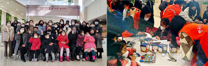 (좌)전북혁신도시 일대 어린이 100여 명이 전통놀이와 황실의 전통복식 체험 후 기념사진을 촬영했다. (우)전북혁신도시 일대 어린이들이 소원등 만들기를 하고 있다.