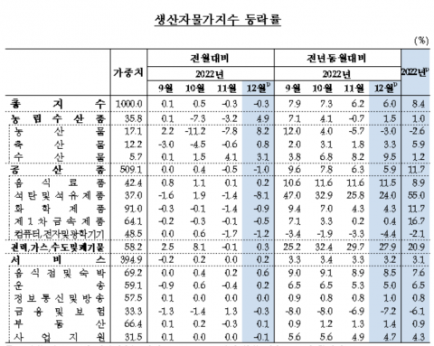 작년 12월 생산자물가 전월대비 0.3%↓···두 달 연속 하락
