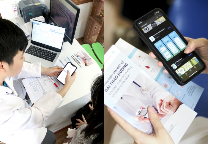 베트남 하노이의대병원에서 의료진이 KT의 비대면 케어 서비스 앱 '닥터어라운드' 사용법을 환자들에게 설명하고 있다. 사진=KT 제공