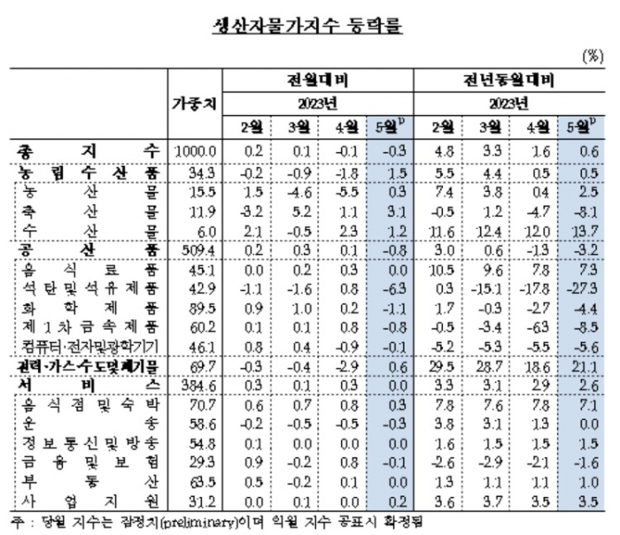 한국은행이 21일 발표한 '2023년 5월 생산자물가'를 보면 농림수산품, 전력‧가스 및 증기 등이 올랐지만 석유‧화학제품이 내리면서 전월대비 0.3% 떨어졌다. 사진=한국은행 제공