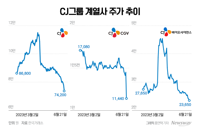 CJ그룹주, 'CGV 살리기'에 줄줄이 급락 기사의 사진