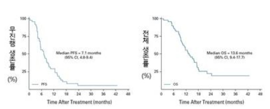 연구 결과 3제 병용요법(PR2D) 치료를 받은 환자군에서 무진행 생존기간(PFS)과 전체 생존기간(OS)의 중앙값은 각각 7.1개월, 13.6개월로 나타났다. 그래픽=연세암병원 제공