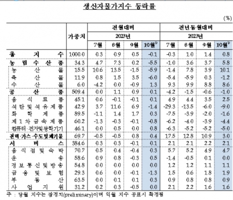10월 생산자물가지수 전월대비 0.1%↓···4개월만의 하락전환