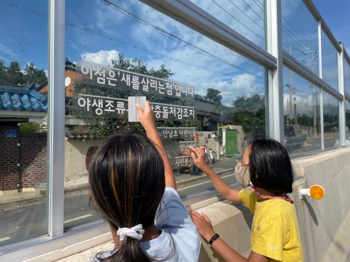 노안남초등학교 학생들이 야생 조류가 투명방음벽에 부딪히는 것을 방지하기 위해 '새를 살리는 점'을 붙이고 있다.