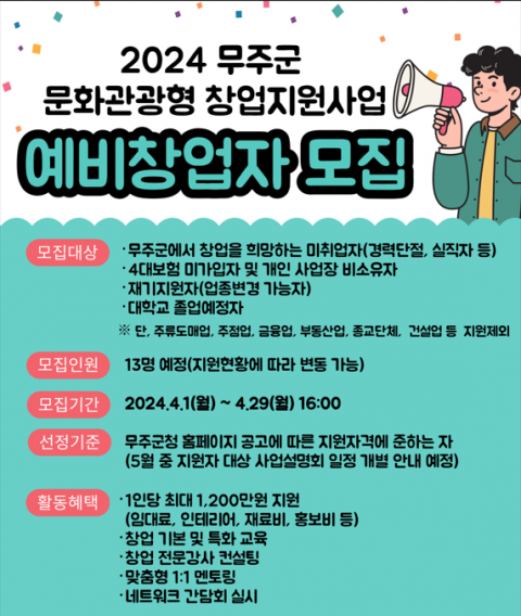 전주기전대학 산학협력단, '무주군 문화관광형 창업지원사업' 예비창업자 모집