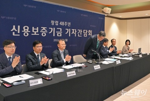 신용보증기금 48주년 간담회에서 인사말하는 최원목 이사장