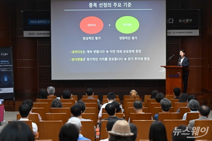 박종한 미디어워크 대표가 26일 오후 서울 여의도 금융투자협회에서 열린 제6회 블록체인 비즈니스 포럼 '비트코인의 미래···디지털자산 전문가에게 듣는다'에서 발표를 하고 있다. 사진=강민석 기자 kms@newsway.co.kr