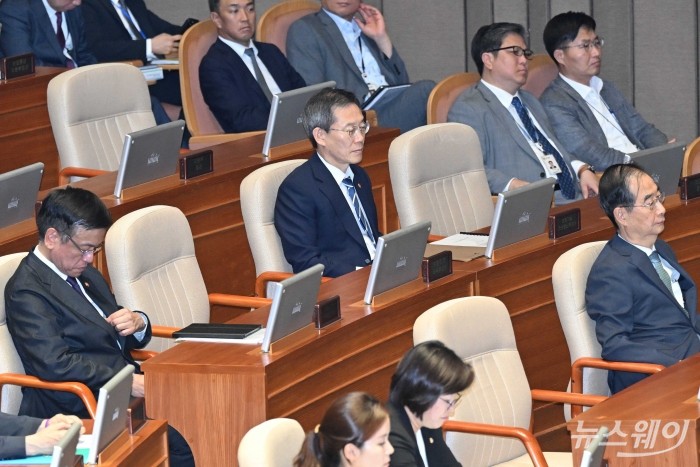 (오른쪽부터)한덕수 국무총리와 이종호 과학기술정보통신부 장관, 최상목 부총리 겸 기획재정부 장관이 3일 오후 서울 여의도 국회 본회의장에서 진행된 '제415회국회(임시회) 제5차 본회의 경제분야에 관한 대정부질문'에 참석해 자리하고 있다. 사진=강민석 기자 kms@newsway.co.kr