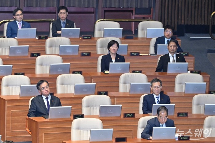 (첫 번째 앞 줄 오른쪽)한덕수 국무총리와 (두 번째 줄 왼쪽)최상목 부총리 겸 기획재정부 장관과 (두 번째 줄 오른쪽)이종호 과학기술정보통신부 장관을 비롯한 안덕근 산업통상자원부 장관, 송미령 농림축산식품부 장관, 김주현 금융위원장, 한기정 공정거래위원장 등이 3일 오후 서울 여의도 국회 본회의장에서 진행된 '제415회국회(임시회) 제5차 본회의 경제분야에 관한 대정부질문'에 참석해 자리하고 있다. 사진=강민석 기자 kms@newsway.co.kr